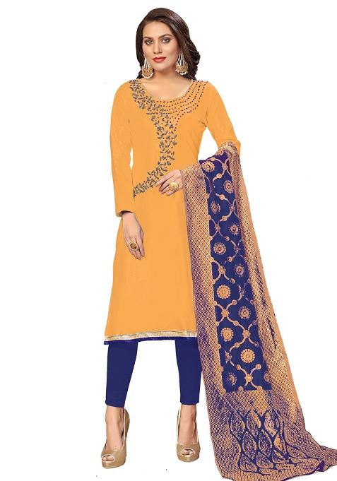 Yellow Embroidered Cotton Blend Dress Material