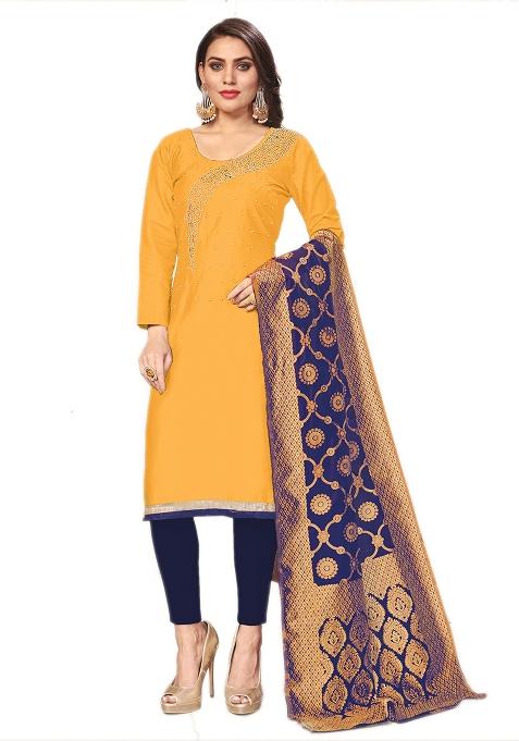 Yellow Embroidered Cotton Blend Dress Material