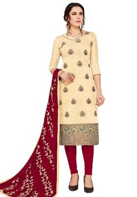 Cream Embroidered Silk Dress Material