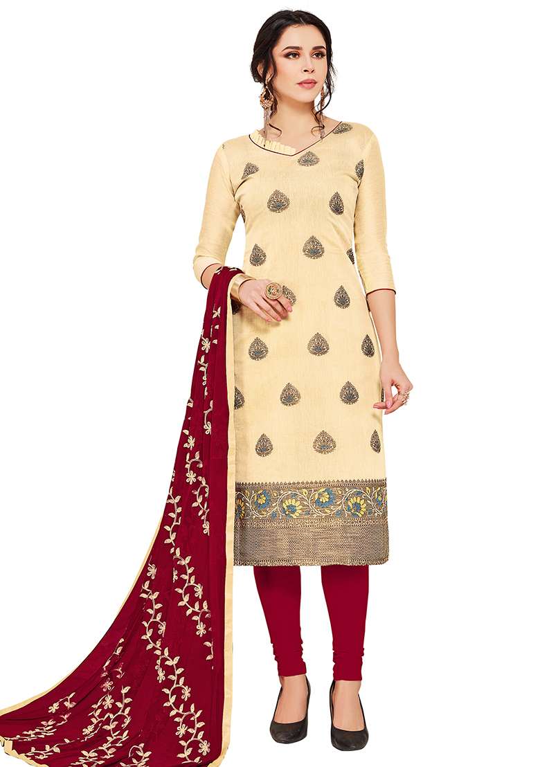 Cream Embroidered Silk Dress Material - Indya