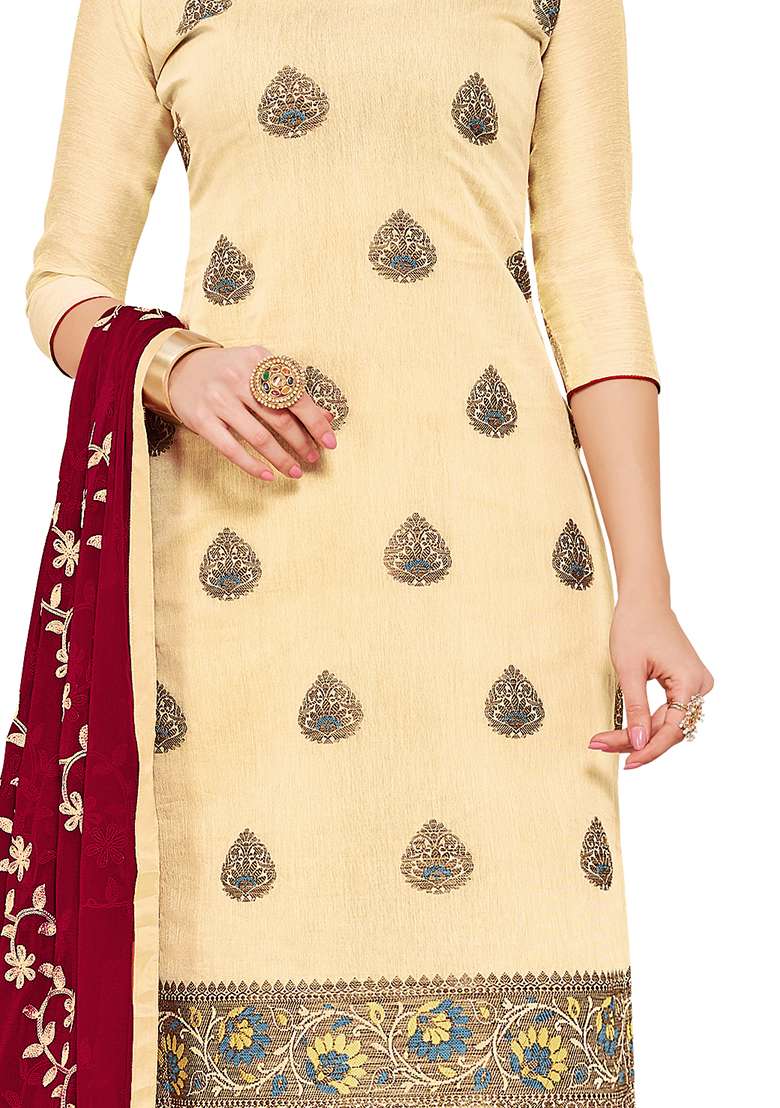 Cream Embroidered Silk Dress Material - Indya