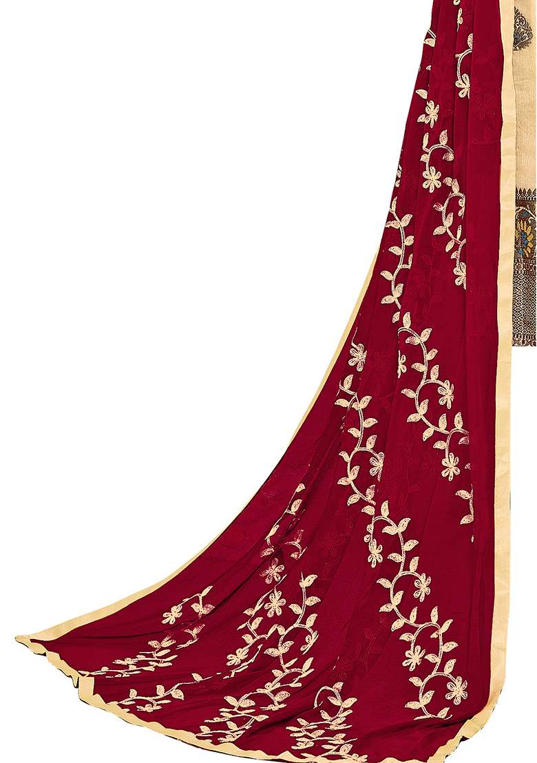 Cream Embroidered Silk Dress Material - Indya