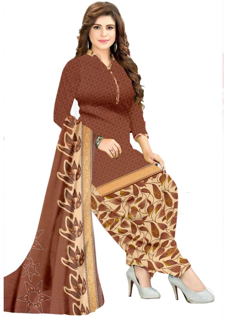 Brown Printed Crepe Punjabi Suit - Indya
