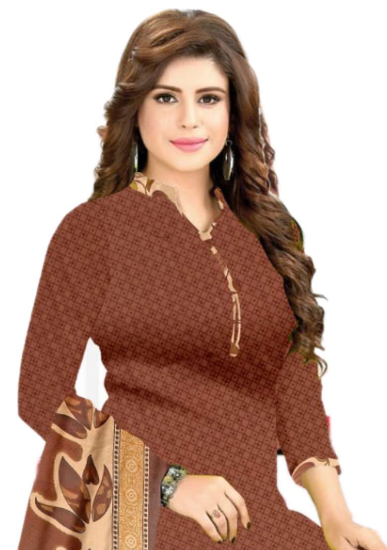 Brown Printed Crepe Punjabi Suit - Indya