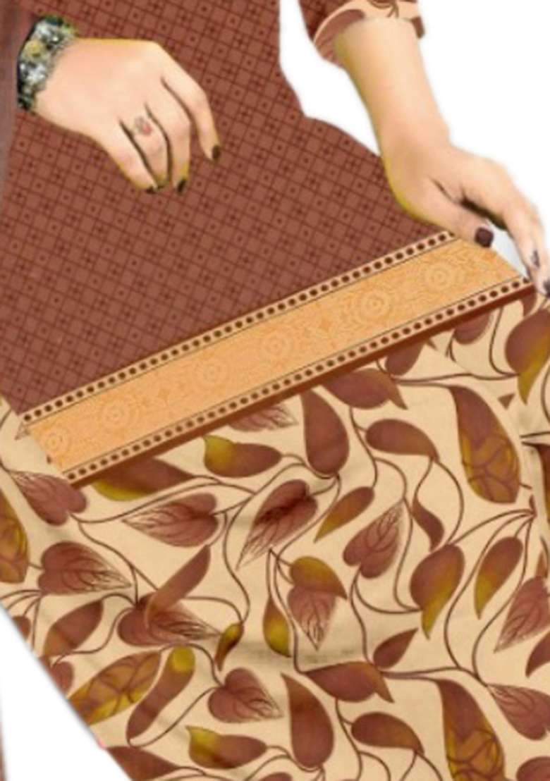 Brown Printed Crepe Punjabi Suit - Indya