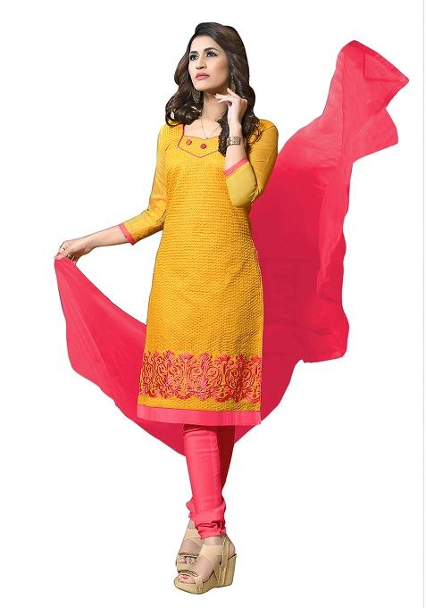 Yellow Embroidered Cotton Blend Dress Material