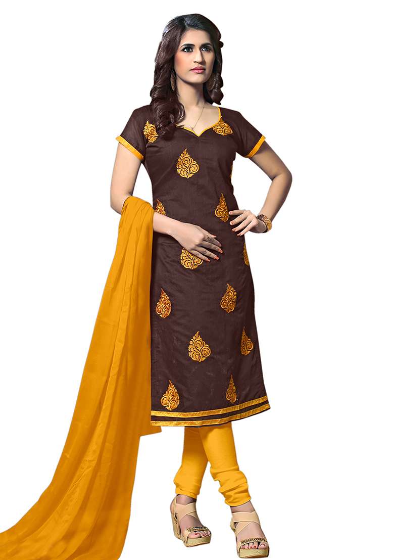 Brown Embroidered Blended Straight Kurta Set - Indya