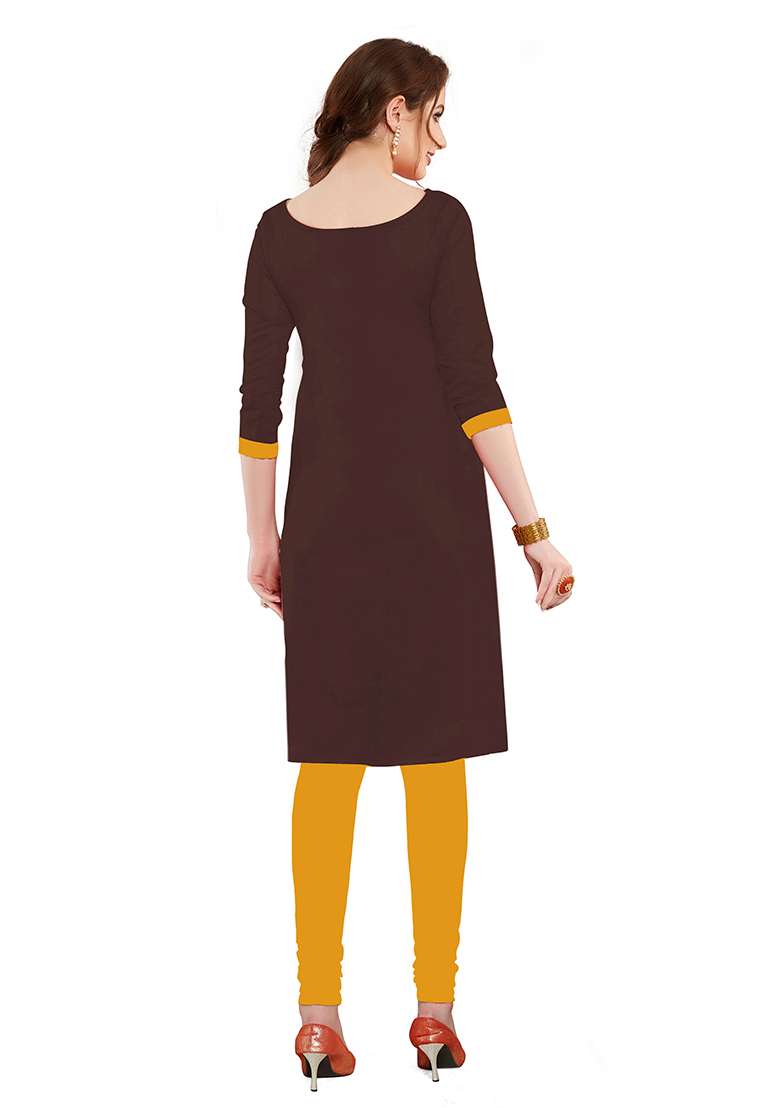 Brown Embroidered Blended Straight Kurta Set - Indya