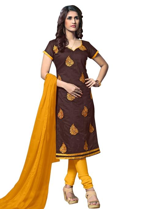 Brown Embroidered Cotton Blend Dress Material