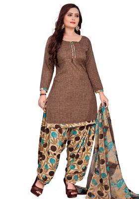 Brown Embroidered Crepe Dress Material
