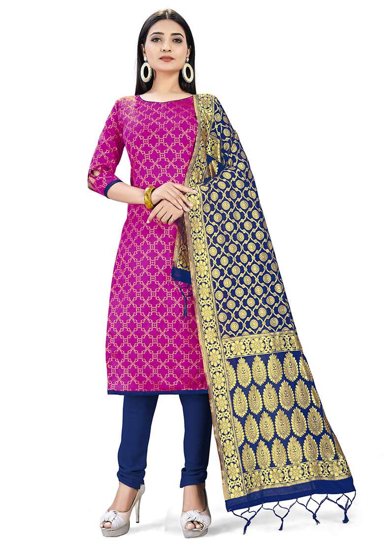 Pink Embroidered Silk Blend Dress Material - Indya