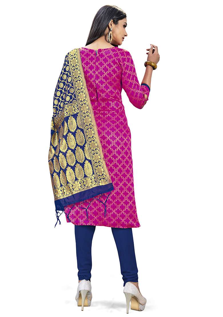 Pink Embroidered Silk Blend Dress Material - Indya