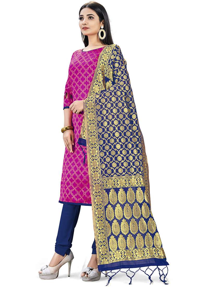 Pink Embroidered Silk Blend Dress Material - Indya
