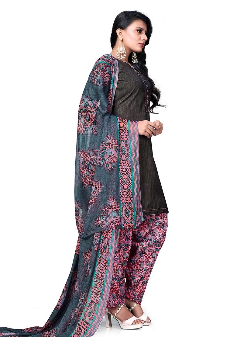 Dark Grey Embroidered Cotton Blend Dress Material - Indya