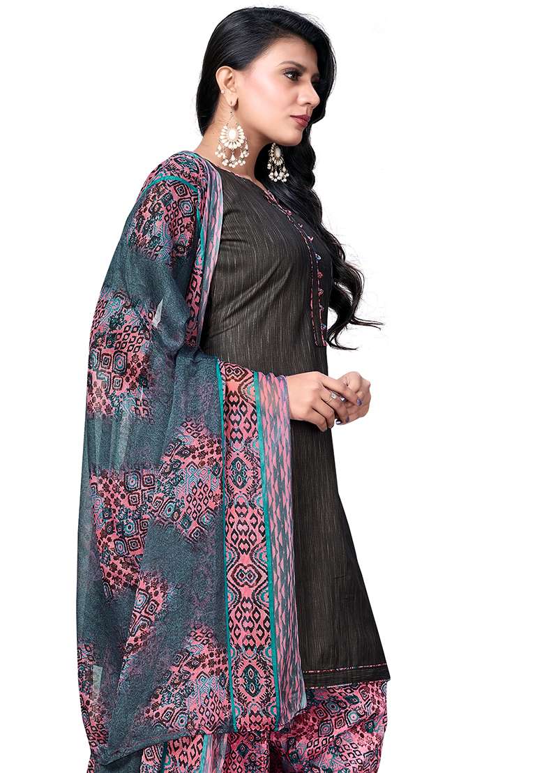 Dark Grey Embroidered Cotton Blend Dress Material - Indya
