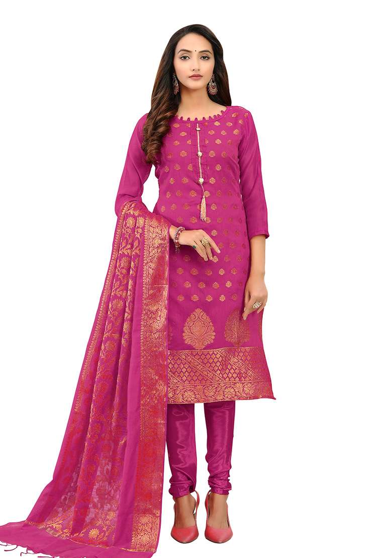 Magenta Zari Work Jacquard Pakistani Suit Set - Indya