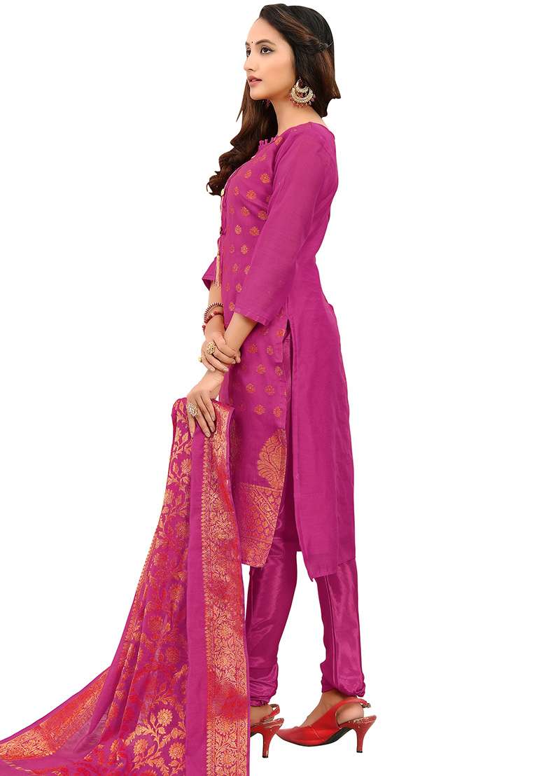 Magenta Zari Work Jacquard Pakistani Suit Set - Indya