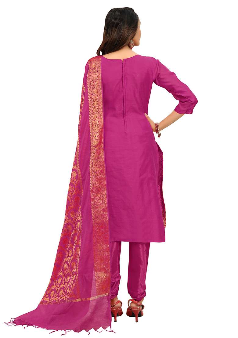 Magenta Zari Work Jacquard Pakistani Suit Set - Indya