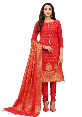 Red Embroidered Jacquard Dress Material