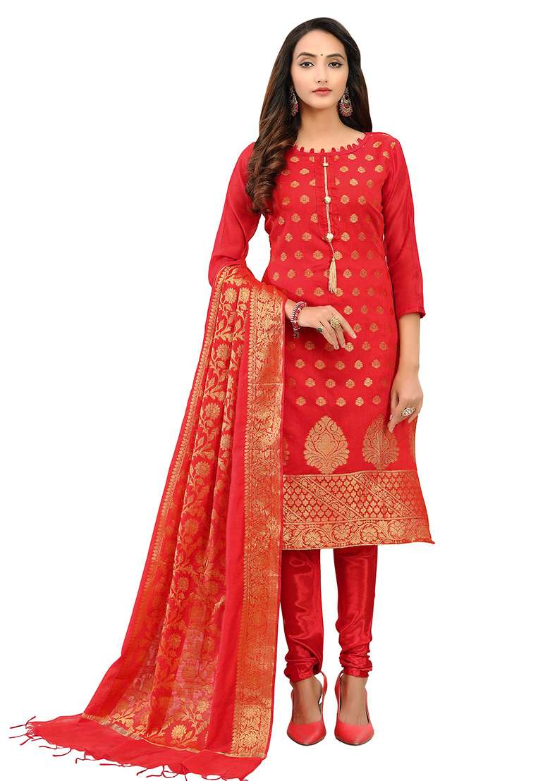 Red Jacquard Jacquard Straight Kurta Set - Indya