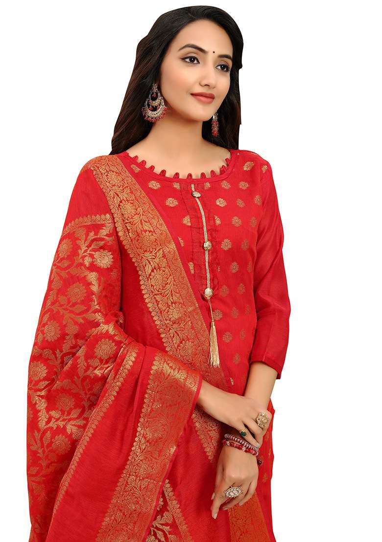 Red Jacquard Jacquard Straight Kurta Set - Indya
