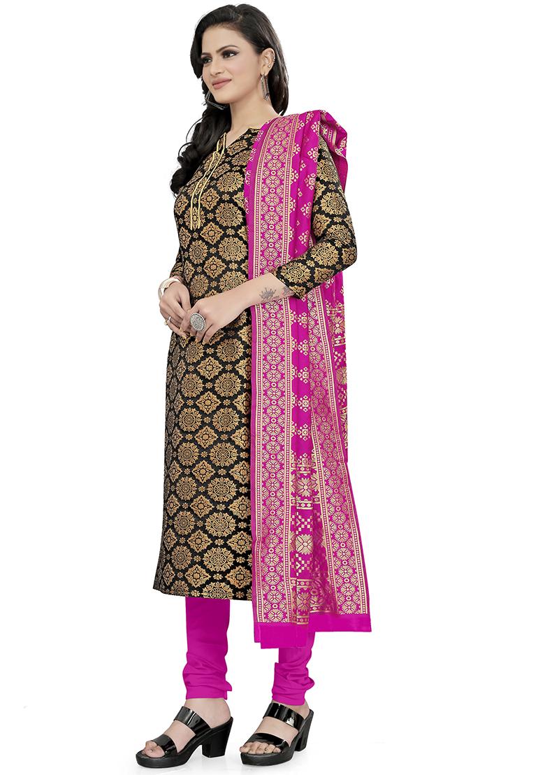 Black Embroidered Silk Dress Material - Indya