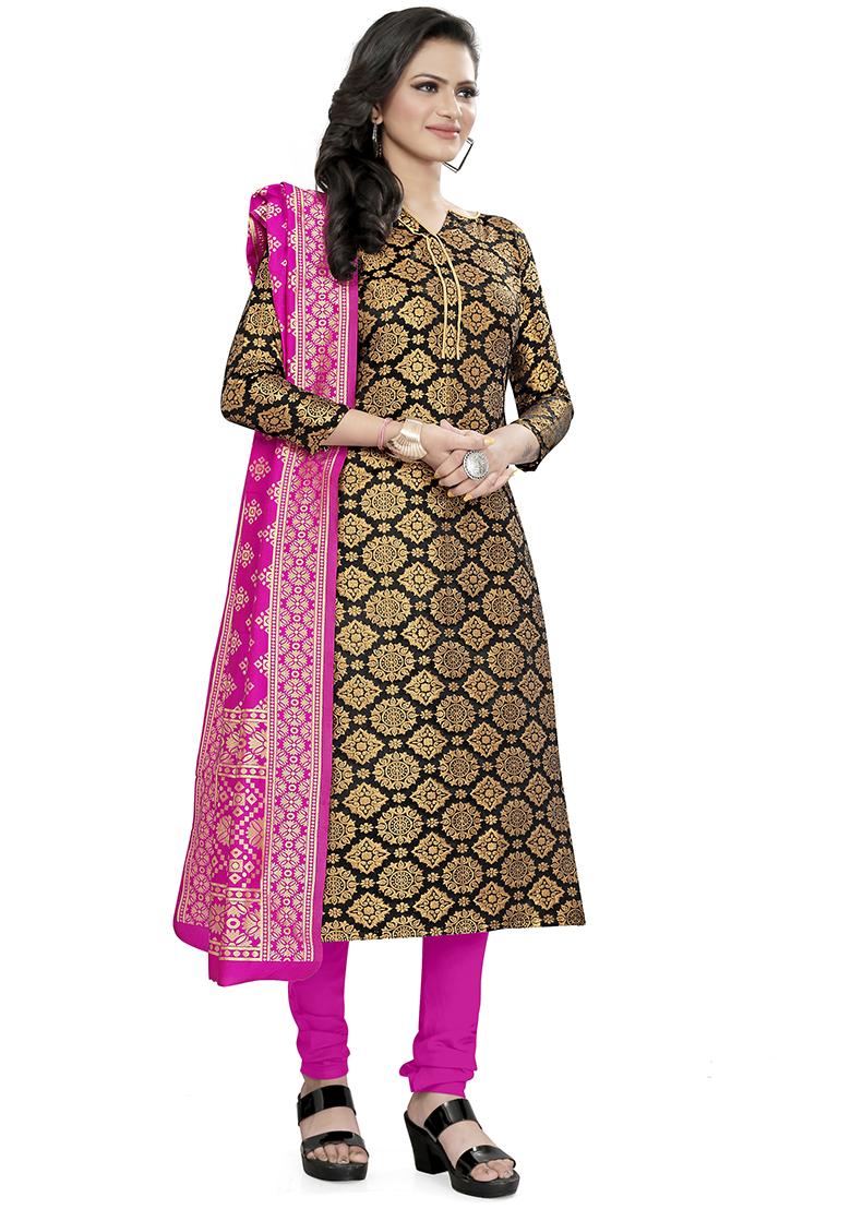 Black Embroidered Silk Dress Material - Indya