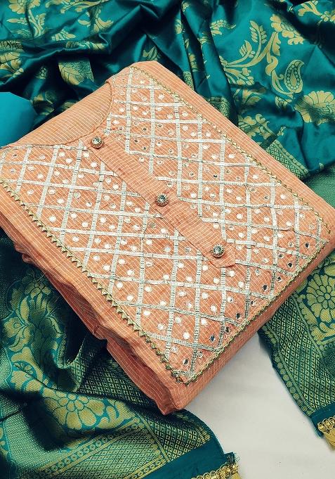 Peach Embroidered Cotton Blend Dress Material