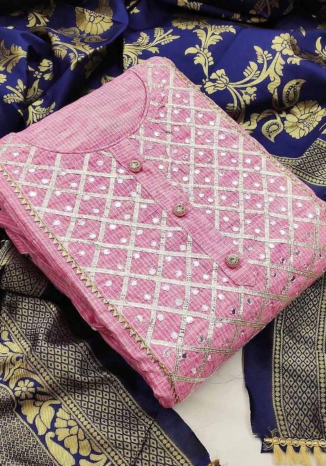 Pink Embroidered Blended Straight Kurta Set