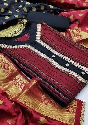 Magenta Embroidered Cotton Blend Dress Material