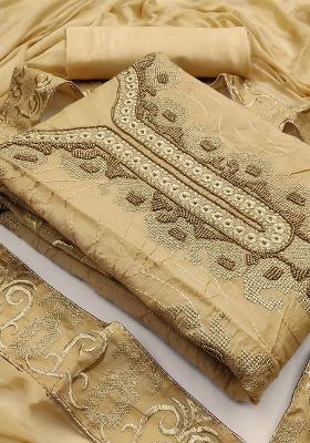 Beige Embroidered Chanderi Dress Material