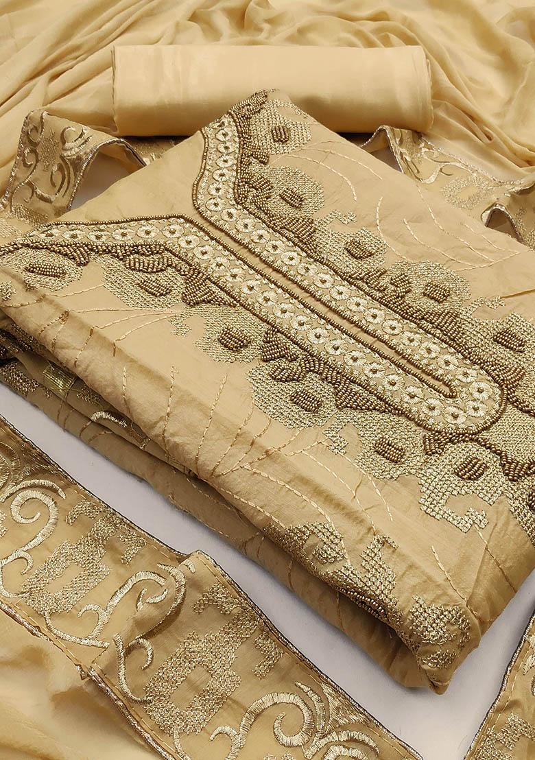 Beige Embroidered Chanderi Dress Material