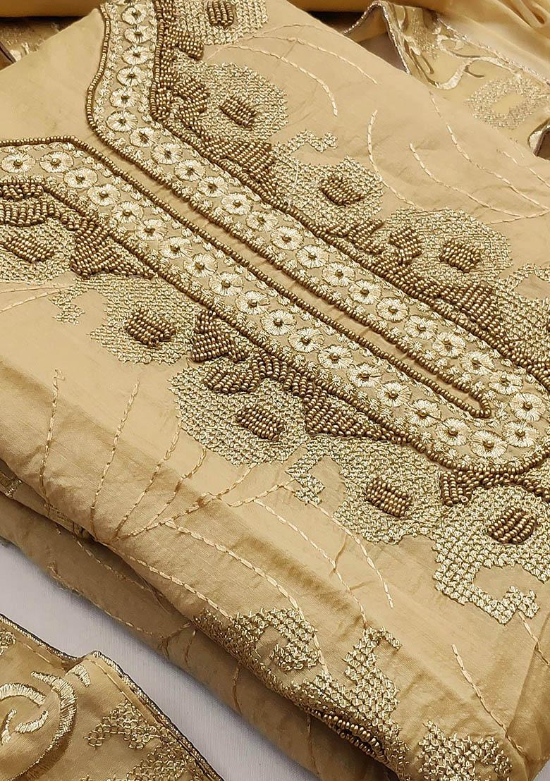 Beige Embroidered Chanderi Dress Material