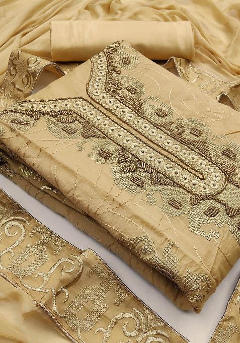 Beige Embroidered Chanderi Dress Material
