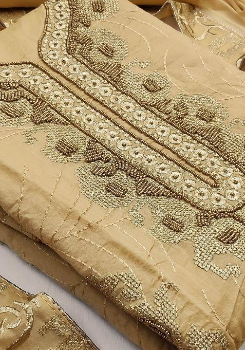 Beige Embroidered Chanderi Dress Material