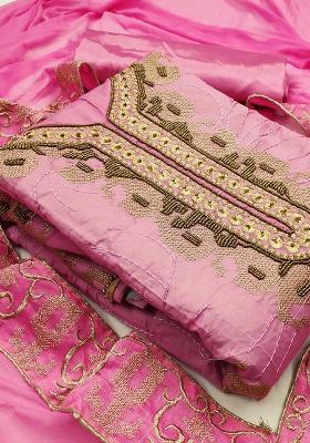 Light Pink Embroidered Chanderi Dress Material