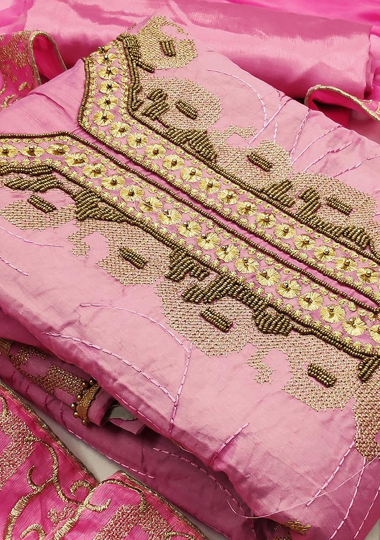 Light Pink Embroidered Chanderi Dress Material