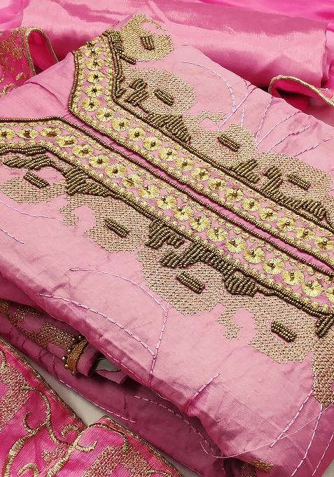 Light Pink Embroidered Chanderi Dress Material