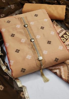 Peach Embroidered Jacquard Dress Material