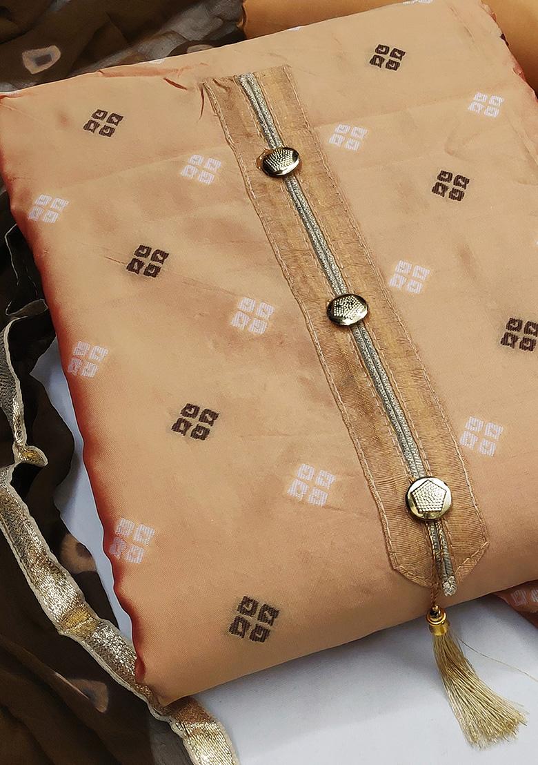 Peach Embroidered Jacquard Dress Material