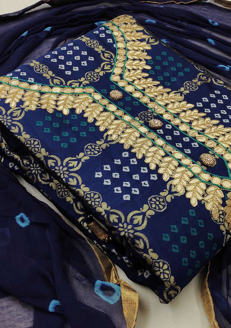 Blue Bandhani Jacquard Straight Kurta Set - Indya