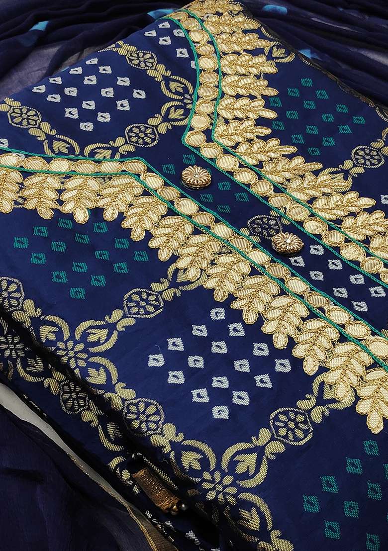 Blue Bandhani Jacquard Straight Kurta Set - Indya