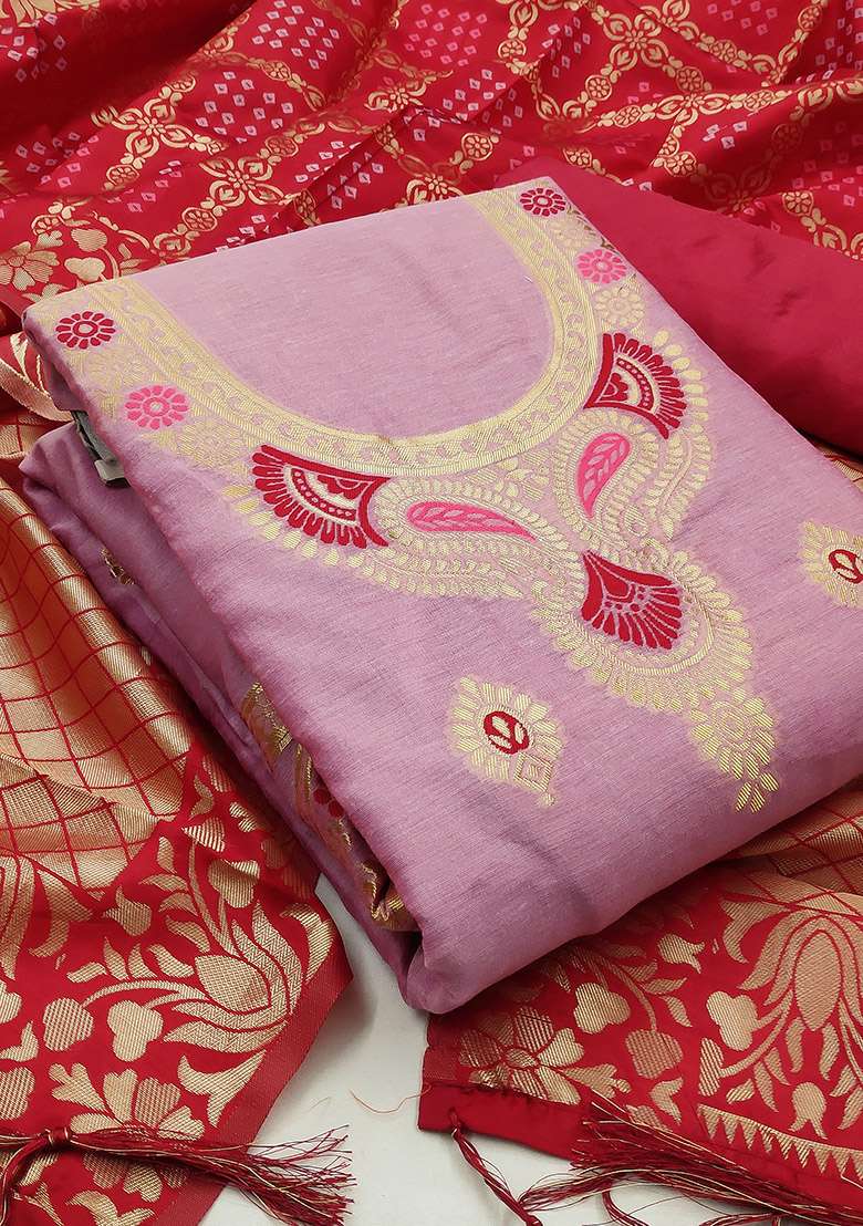 Light Pink Embroidered Jacquard Straight Kurta Set - Indya