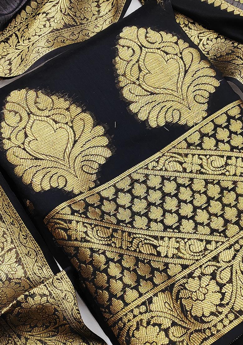 Black Embroidered Jacquard Dress Material - Indya