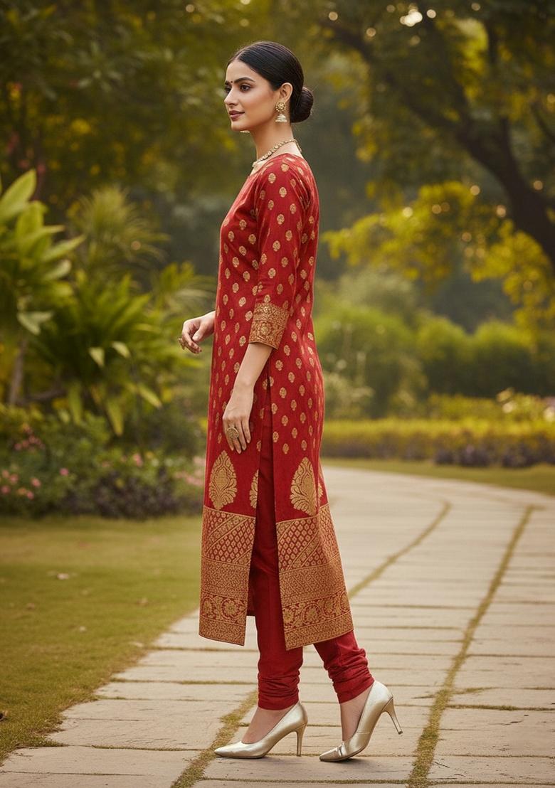 Maroon Embroidered Jacquard Dress Material - Indya