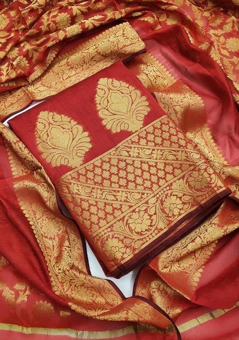 Maroon Embroidered Jacquard Dress Material - Indya