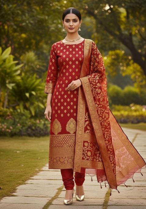 Maroon Embroidered Jacquard Dress Material