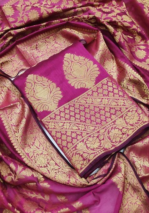 Pink Zari Work Jacquard Punjabi Suit