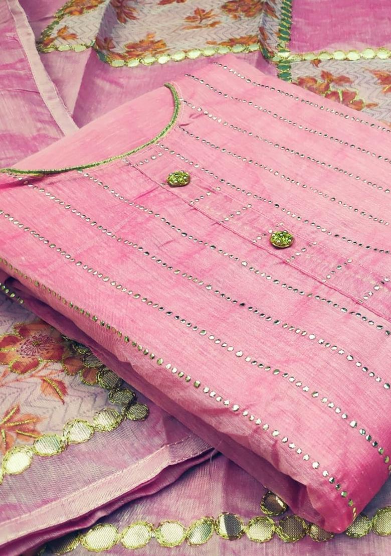 Pink Embroidered Chanderi Dress Material