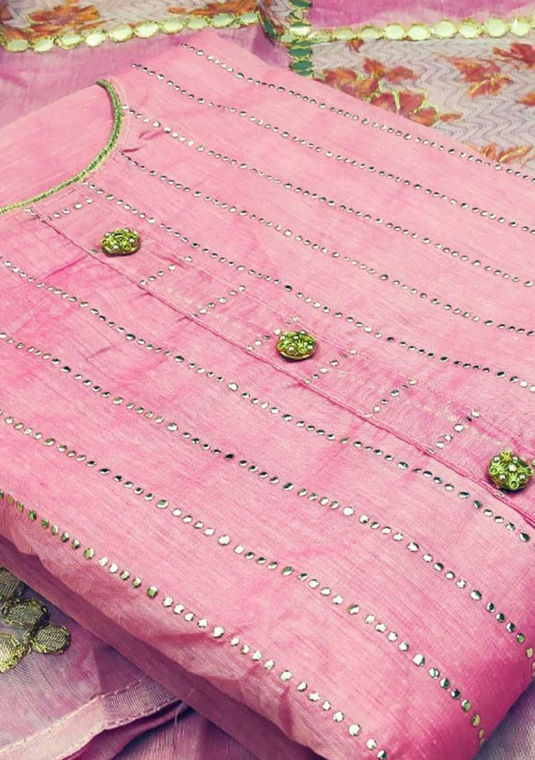 Pink Embroidered Chanderi Dress Material